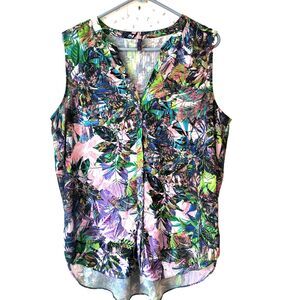 NYDJ Top XL Multicolor Sleeveless Pintuck Pleat Tropical Floral Button High Low